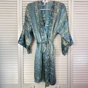 Oscar De La Renta Satin Kimono Robe Belted Paisley Blue Mobwife Sleepwear Small
